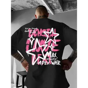 Men's Casual Loose Fit Short Sleeve T-Shirt with Bold Graffiti Letter Print, Pink & Black Star Doodle Design, High-Street Urban Style Summer Top for Daily Wear
