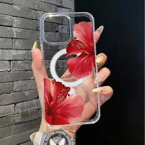 Magnetic Soft TPU Smartphone Casing - MagSafe-Compatible, Lightweight Aesthetic Protector, Anti-Scratch Device Cover with Magnetic Closure for iPhone 11/12/13/14/15/16 Pro Max, Red Hibiscus Flower Tech Accessories