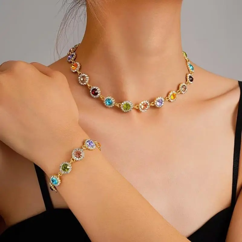 Women's Hypoallergenic 2-Piece Rainbow Hues Gemstone Jewelry Set - Euro-American Elegant Design, Necklace & Bracelet, Glamorous Party-Ready Accessory for Daily & Evening Use, Ideal Gift for Sports & Outdoor Protective Gear Complement