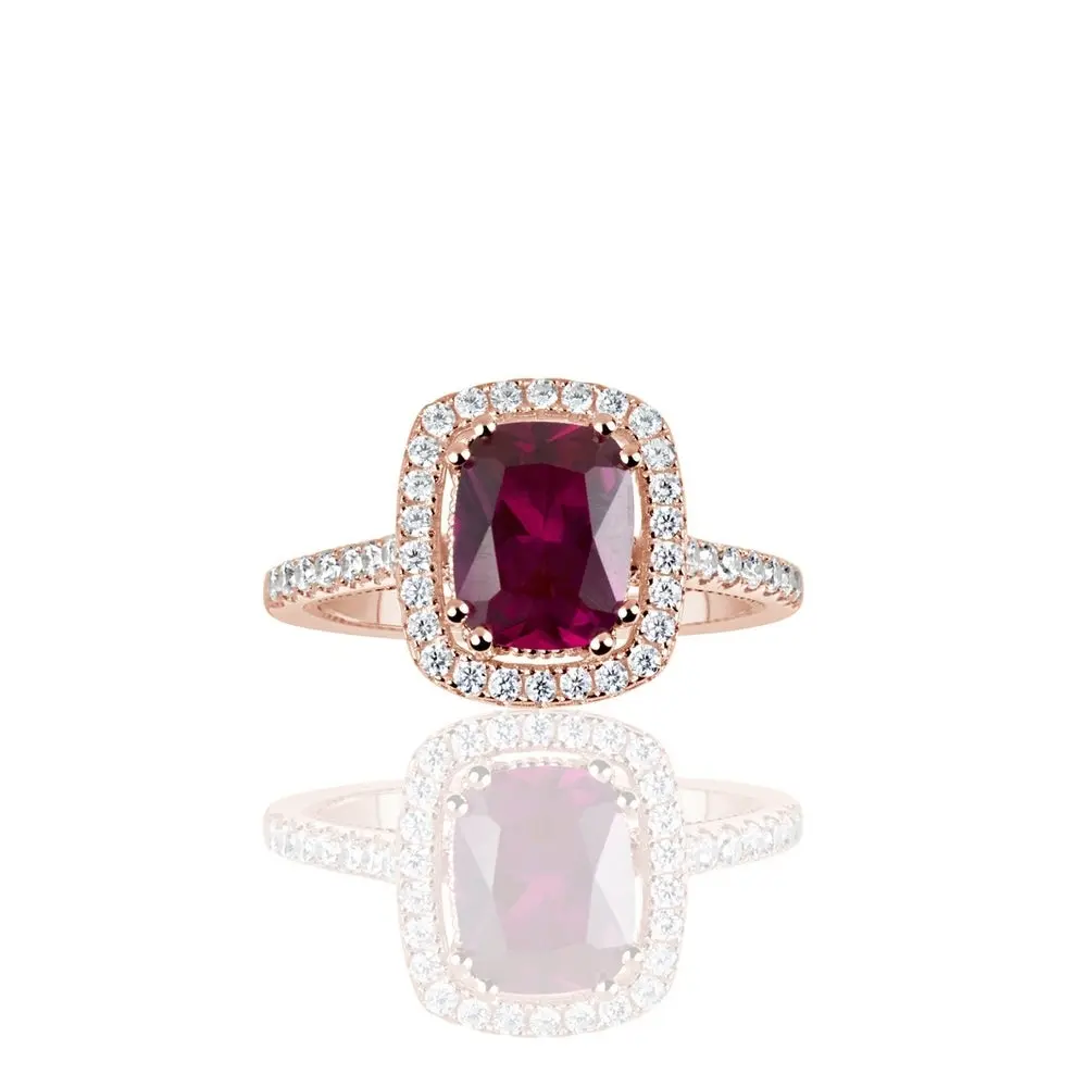 Suzy Levian Rose Sterling Silver Elongated Cushion Cut Created Ruby Engagement Ring