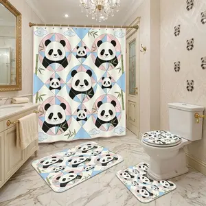 【Panda】Shower Curtain Set with Mat – Cute Geometric Circle Panda Pattern Print Bathroom Decor – 4 Piece Bath Set – Waterproof, Non-Slip Bathroom Rug Set – Kids Bathroom, Nursery, Pastel Home, Spring Decor, Baby Shower Gift