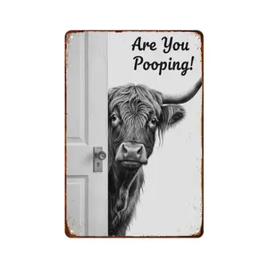 Are You Pooping Highland Cow Aluminum Signs Vintage Highland Cow Wall Decor Black and White Bathroom Decor for Living Room Kitchen Farm Bedroom Bathroom Decoration Posters 8X12 Inch