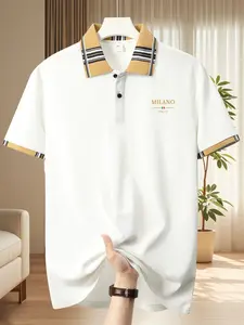 Men's Lightweight Polyester Outdoor Golf Polo Shirt, Cartoon Letter Print, Moisture-Wicking, Fitted Design, All Seasons Wear