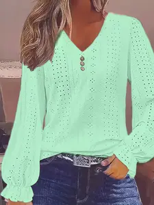 Elegant Aesthetic Plus Size Women's V-Neck Long Sleeve T-Shirt, Plain Hollow Out Eyelet Button Design, Casual Spring & Fall Wear