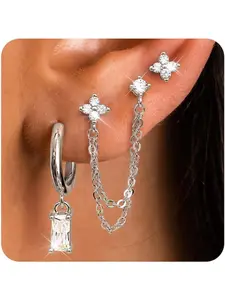 3 Pairs Hypoallergenic Silver Earrings for Women 14K Gold Plated Dainty Stackable Stud Dangle Hoop Earrings Set Chain Hoop Earring Stack Cartilage Earring Sets for Multiple Piercings