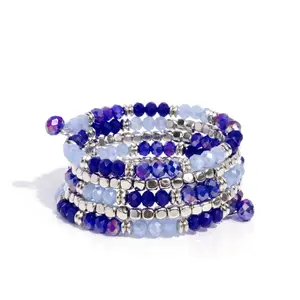 Memorable Masterpiece - Blue Beaded Wrap Bracelet Set with Silver Accents and Faceted Beads for Women