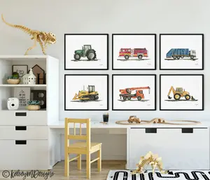Set of 6 Construction Vehicle Prints, Kids Gallery Wall Set, Truck Wall Art, Fire Truck Print Nursery, Watercolor Painting, Dump Truck Decor