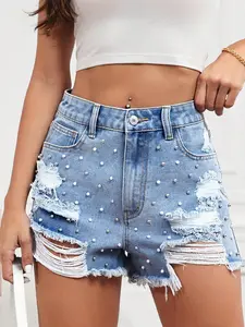 Women's Tall High Waisted Denim Shorts, Fitted Distressed Pearl Rivet Jeans, Slimming Light Blue Hot Pants, Fashion Essential