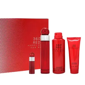 Perry Ellis 360 Red for Men 4 Piece Gift Set contains : ( 3.4oz EDT Spray, 3oz S/G, 6.8oz B/S, .0.25 oz Mini EDT )