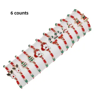 6 Piece Classic Christmas Bracelets Set, Santa Claus, Christmas Tree, Reindeer, Bell, Wreath, Snowman Design, Perfect for Holiday Celebrations