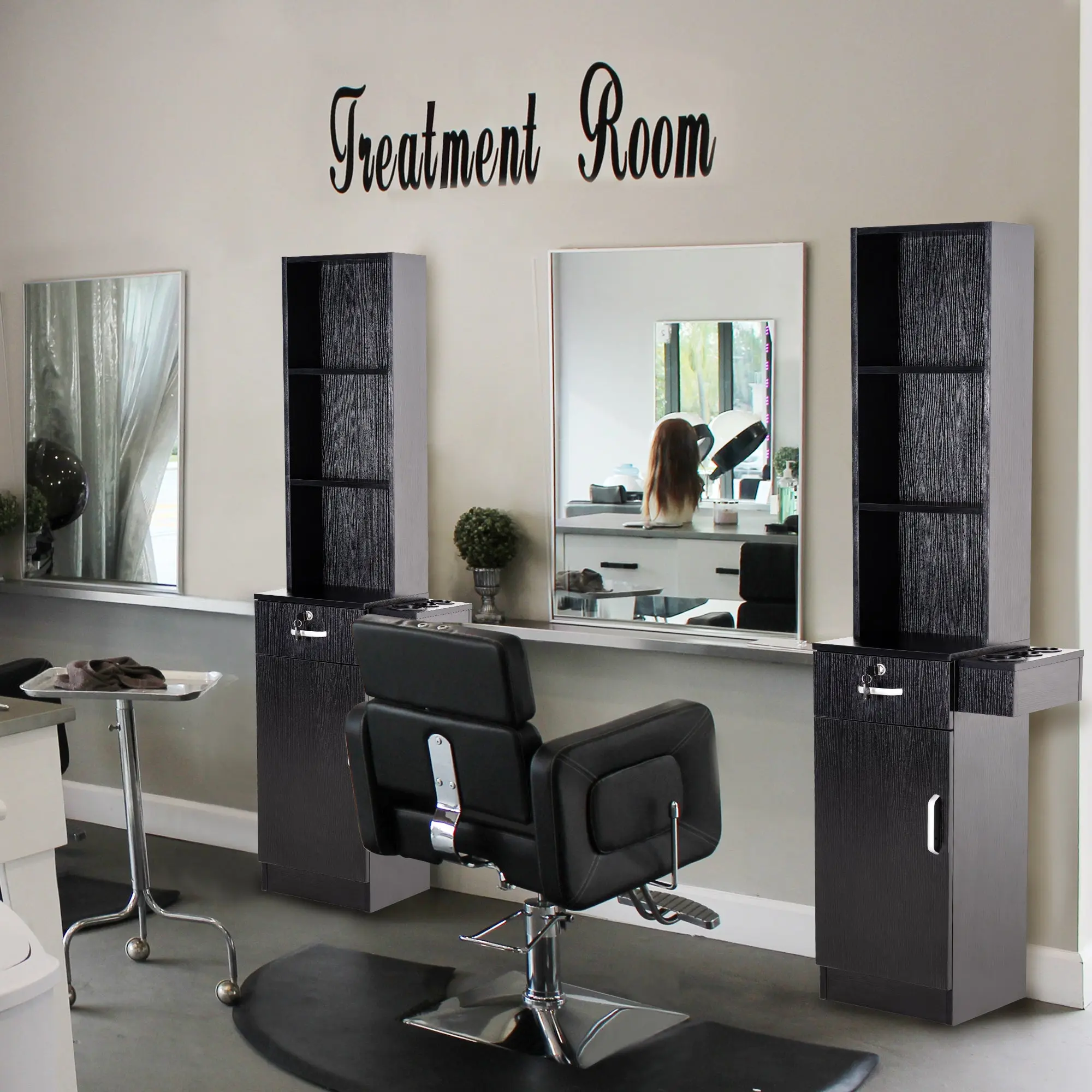 BarberPub Wall Mount Salon Station with Storage, Drawers, Cabinet, Particle Board Construction, Easy-Install Hair Styling Equipment Holders 3208