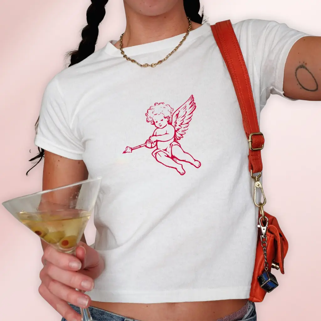 Y2K Red Cupid Baby Tee, Coquette Aesthetic Angel Graphic Shirt, Vintage 90s Retro Fitted Top, Women's Casual Valentines T-Shirt
