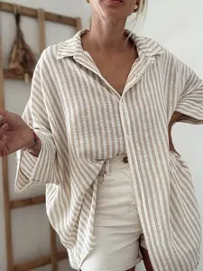 Women's Casual Loose Striped Button Front Shirt Blouse, Half Sleeve Long Top, Simple Daily Wear, Stylish H-Type Design