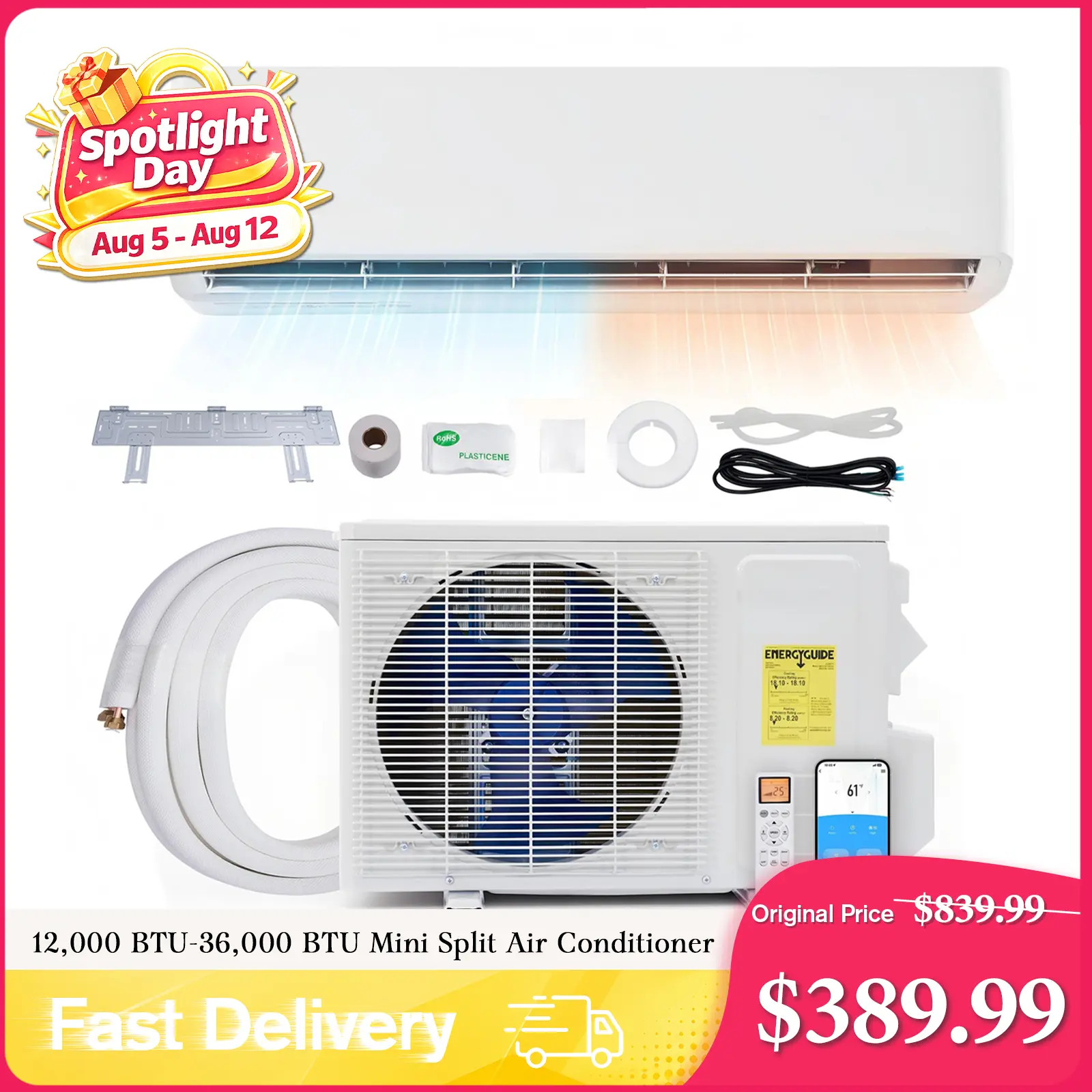[!!!SHIPS IN 2 BOXES] AMERLIFE 12000 BTU-36,000BTU Mini Split Air Conditioner Heat Pump, Inverter Ductless AC, Cools up to 750-2500 Sq. Ft, Energy-Efficient with Self-Cleaning, Power Cord and Screws not Included