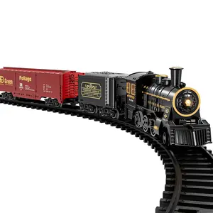 Train Toy Set with Sounds & Light Electric Classical Engine Locomotive Rechargeable Model Kit for Christmas Tree Cargo Car Railway Tracks USB Charging Cable Water Bottle