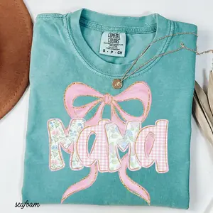 Comfort Colors Floral Mama Shirt, Spring Tee, Trendy Mom T-Shirt, Women's Flower Mama Shirt, Pregnancy Reveal Gift, Blue Pink Bow Shirt for Mom