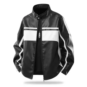 Men's Stand Collar Colorblock Leather Jacket Spring Fall New Motorcycle Riding Coat Vintage Windproof Streetwear Versatile Everyday Top
