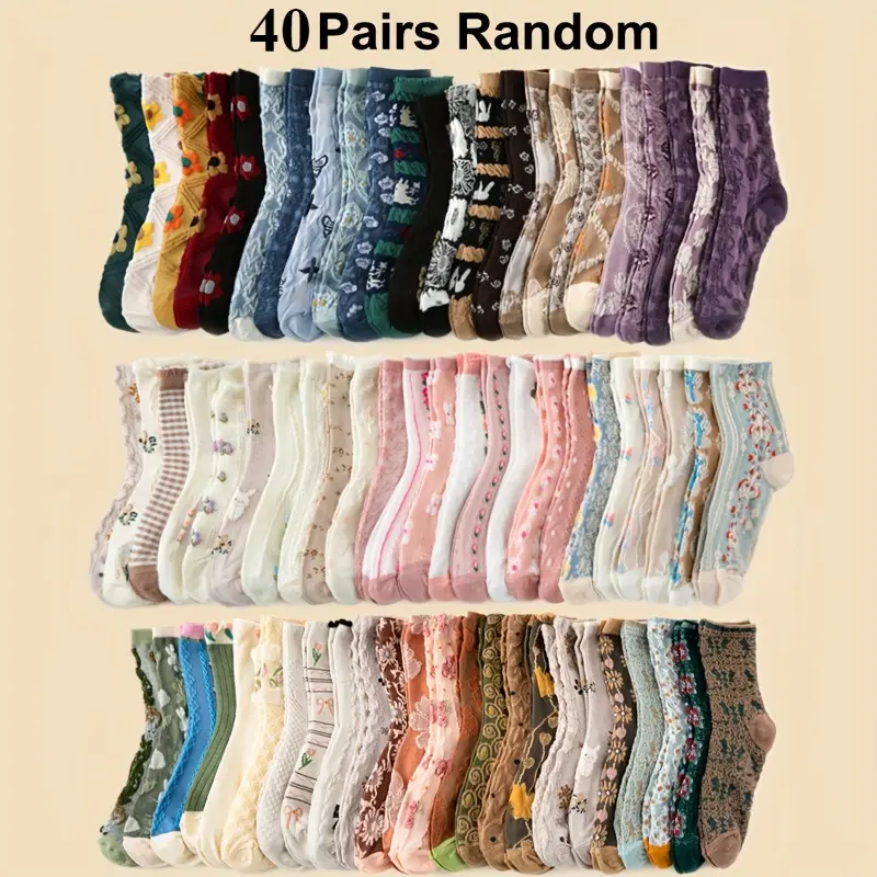 Women's 40-Pair Striped Vintage Small Floral Embroidered Socks, Forest-Themed Breathable Invisible Short Design for Spring Summer Outings, Camping, Comfortable Versatile Casual Essential