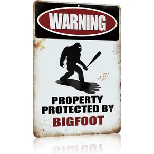 Funny Sasquatch Gift Metal Sign Warning Property Protected by Bigfoot Gifts Tin Signs Vintage Garage Garden Forest Back Yard Decor for Wall/Porch 20 x 30 Inches Outdoor & Indoor