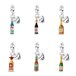 MULA Wine Bottle Pendant - 925 Silver-plated with Zirconia and Enamel - Compatible with Pandora's Bracelets, Wine, Rum, Tequila, Whiskey, Brandy and Champagne Beads - Fun Gift for Party Lovers