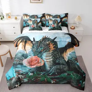 Magical Animal Bedding Set,- Flower Dragon Bed in A Bag,3D Wildlife Comforter Set,with Sheets,Cute Wild Animal 7 Pieces Bed Set,Bedroom Decor