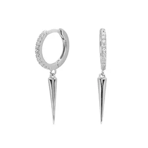 Zircon Crystal Lined Dangling Spike Huggie Hoop Earrings - Pair - 925 Sterling Silver