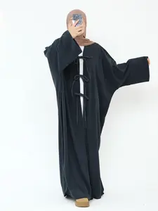 Women's Solid Color Tie Front Batwing Sleeve Abaya, Casual Long Sleeve Thickened Outerwear for Fall & Winter, Women's Islamic Clothing for Daily Wear