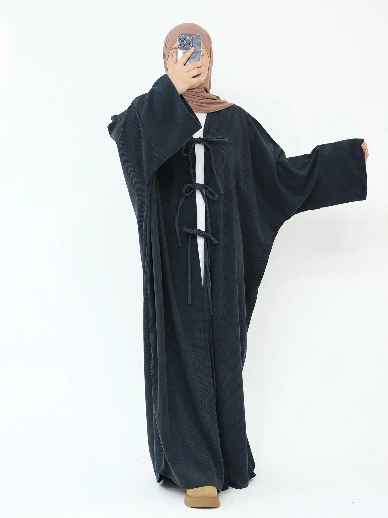 Women's Solid Color Tie Front Batwing Sleeve Abaya, Casual Long Sleeve Thickened Outerwear for Fall & Winter, Women's Islamic Clothing for Daily Wear