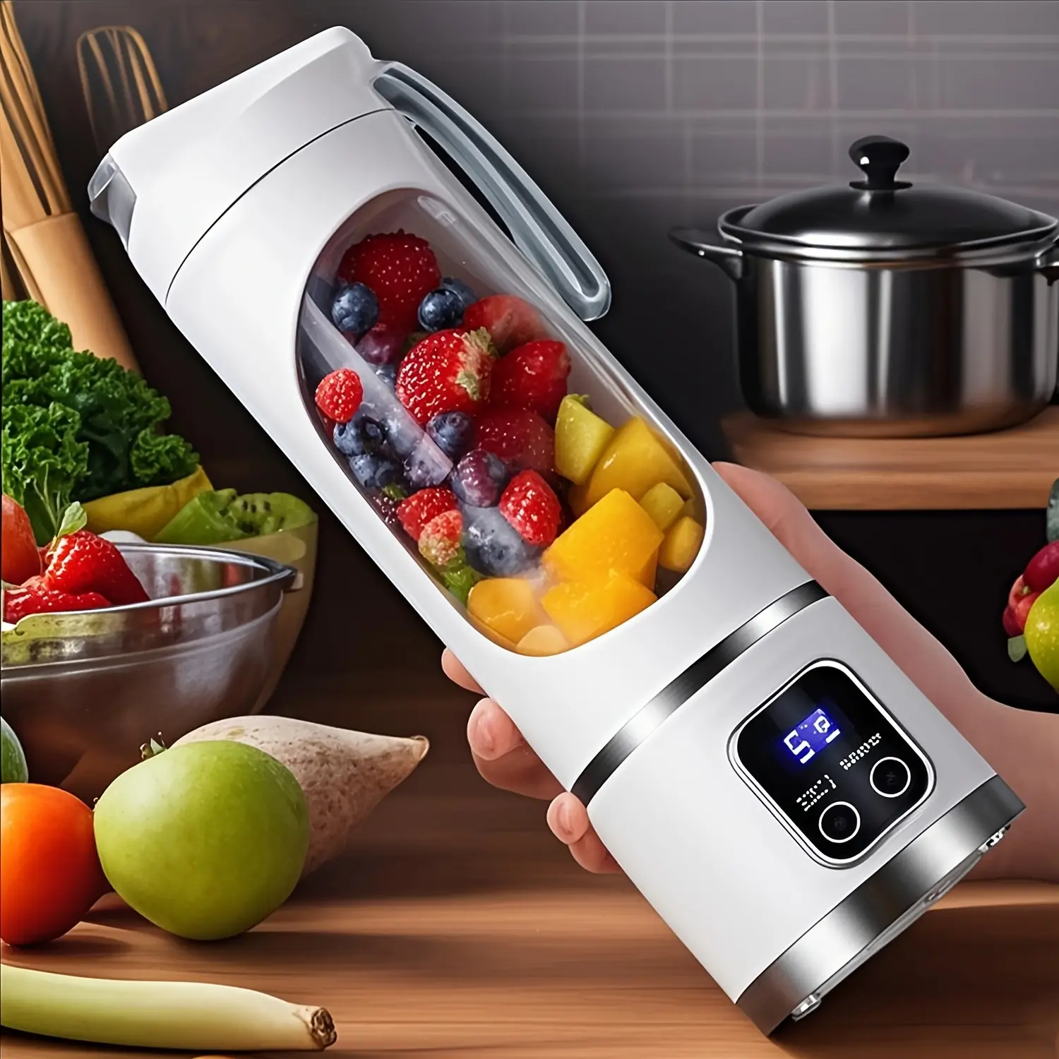 Portable USB Rechargeable Mini Blender & Juicer - 3 Modes, Digital Display, 12-Blade, 15.22oz, Easy Clean, Ideal for Travel - Fresh Juices Anywhere