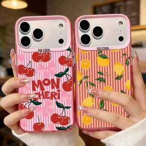Retro lemon and cherry fruit pattern, light silver phone case, compatible with iPhone 17 Pro Max, 16, 15, 14, 13, 12, 11 Pro Max Plus, pink checkered stripe, TPU material.