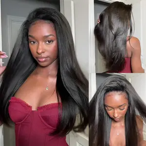 Kinky Straight Drawstring Half Wig Yaki Straight Human Hair Wigs 3 In 1 Beginner Friendly Glueless Wigs With Seamless Clip Ins No Lace No Glue Flip Over InvisiFit Strap Wig For Women