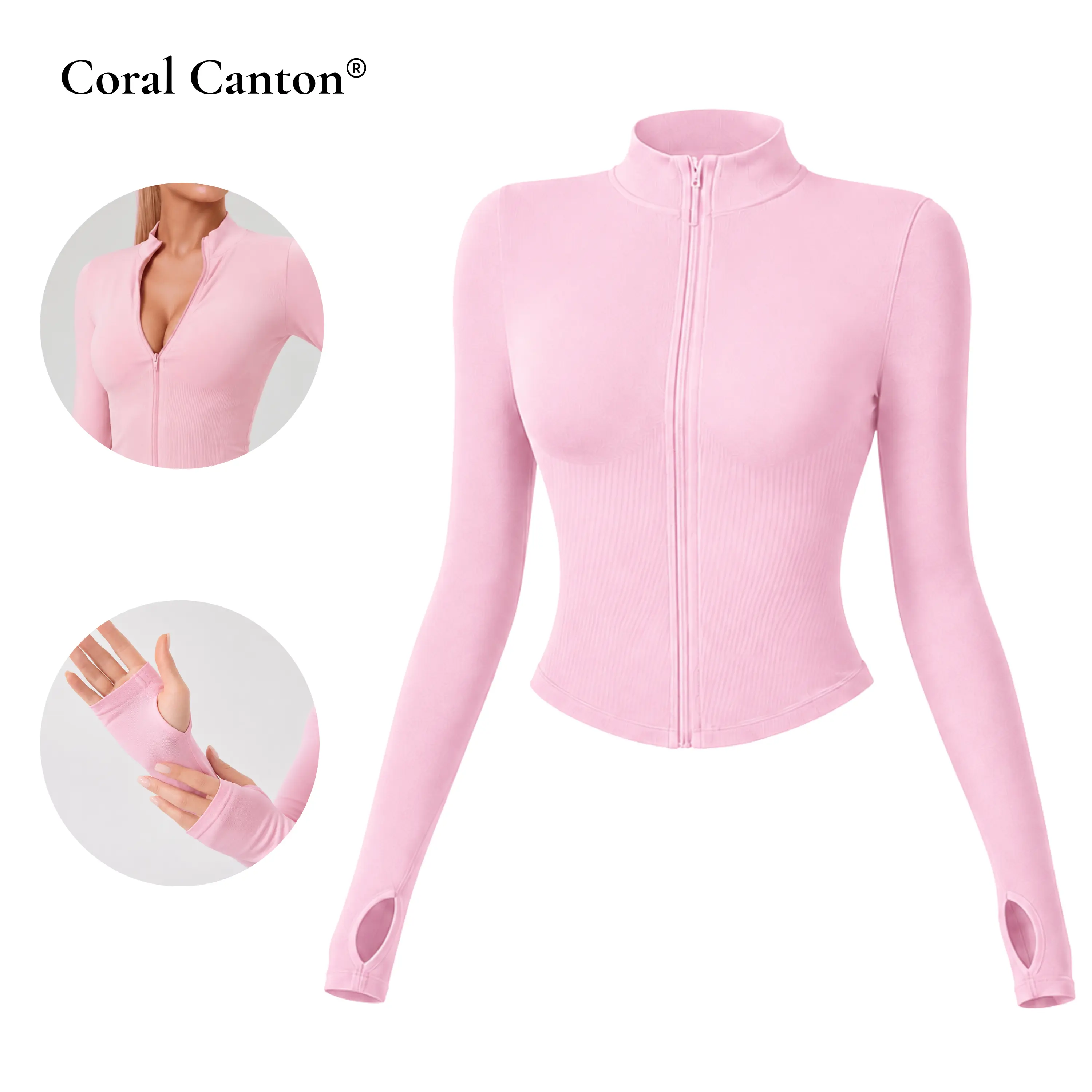 Women's Minimalist Basic Solid Zip Up Front Crop Jacket - V-Shaped Hem, Thumb Holes, Slim Fit Activewear Top for Yoga Gym Run, BackToSchool Sports Outerwear