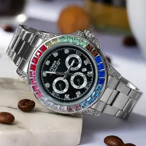 Luxurious Men's Watch with Colored Crystal Dial and Gold Finish, Skeleton Design, Royal Style for Business and Casual Occasions, High-Quality Chronograph, Perfect Gift for Any Occasion