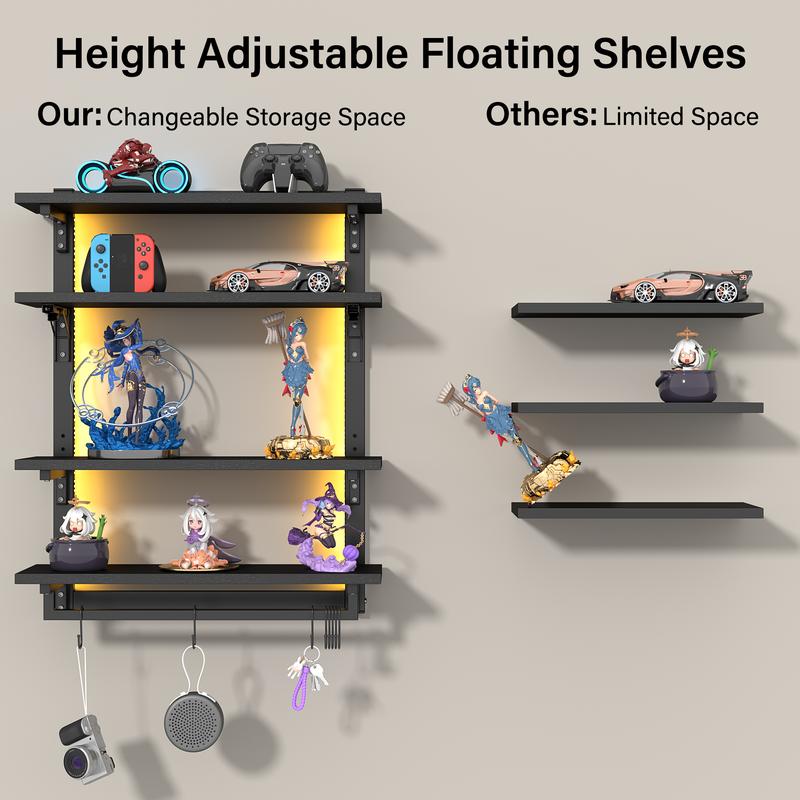 Foldable Gaming Floating Shelves with Adjustable Shelf, 24 Inch Wall Mounted Shelves with Dynamic LED for Living Room Game Room Cologne Holder Wooden Key Mail Holder