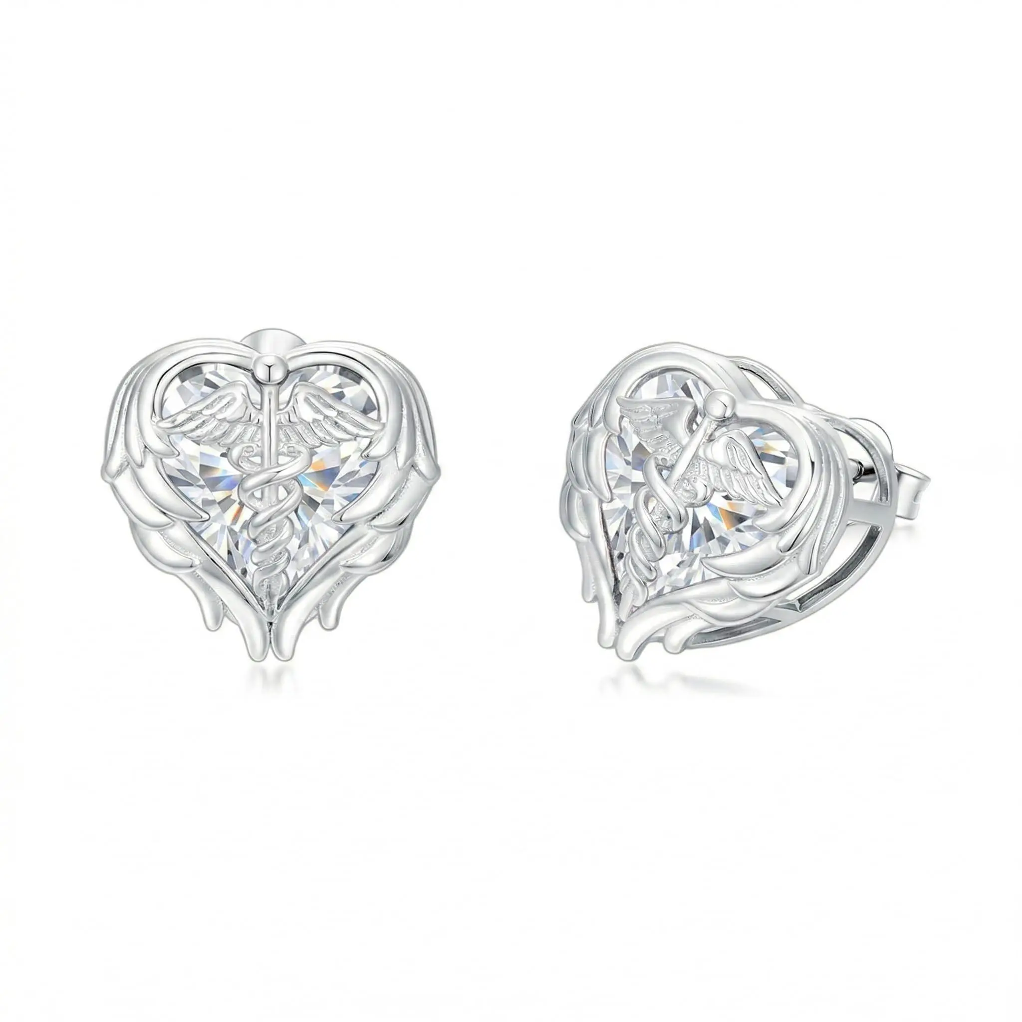 Caduceus Nurse Earrings 925 Sterling Silver Nurse Angel Wing Heart Earrings Nursing Graduation Jewelry Gifts for Women Doctor Medical Student-Clear White