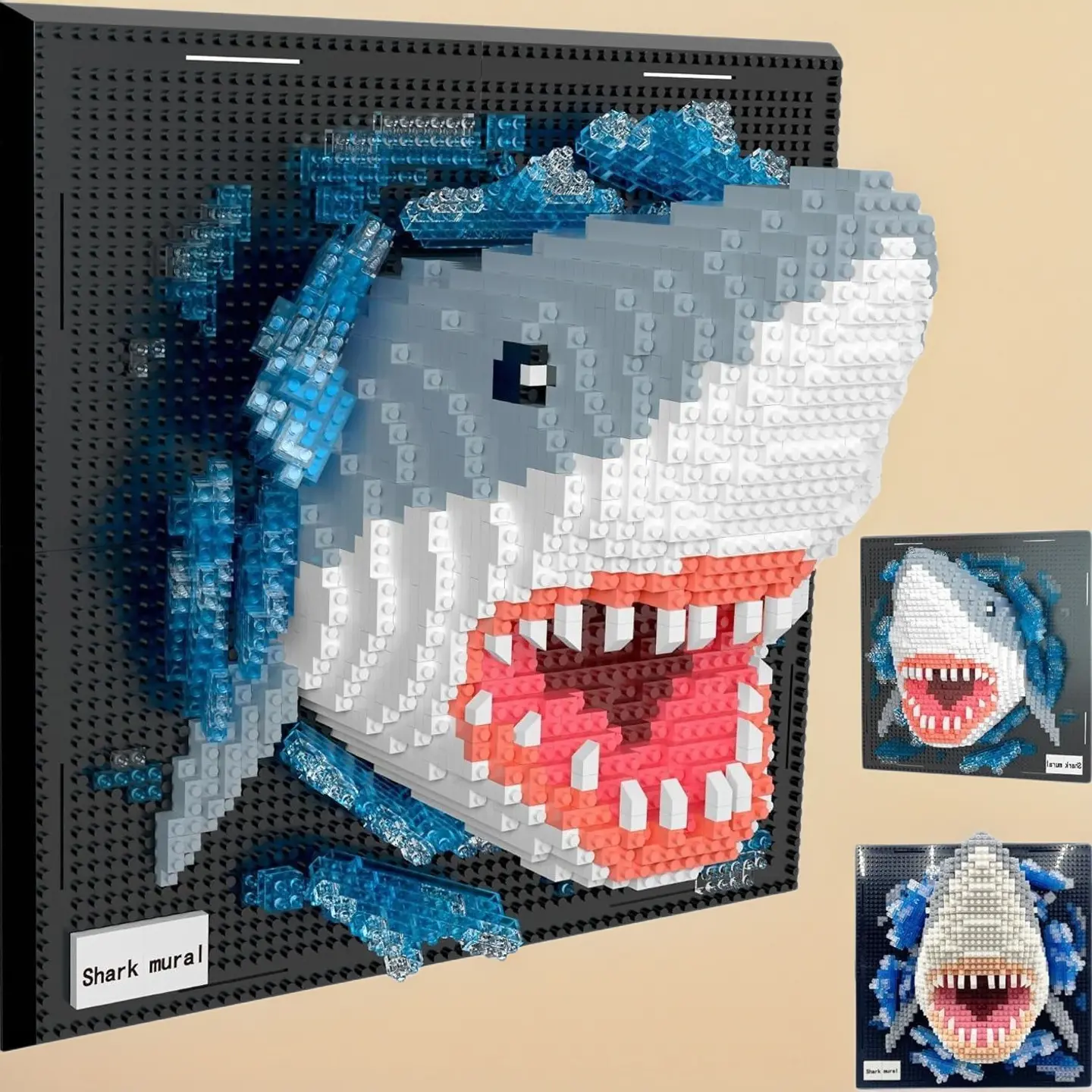 2166pcs Adult 3D Wall Art Shark Building Set, Building Block Model, Brick, Abs Material Megalodon Shape, Ocean Animal Blocks for Wall Decor or Desk Display