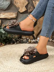 Women's Fashionable Leopard Print Flower Decorated Slides, Casual Comfortable Non-slip Slippers for Beach Vacation, Female All-match Round Toe Slippers for Daily Wear, Walking Shoes, Leopard Pattern Slides, Footwear
