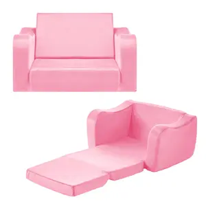 VEVOR 2-in-1 Kids Sofa, Foldable Toddler Soft Couch with Armrests, Made of 28D Sponge & Short Pile, Convertible Toddler Chair to Lounger, Kid Couch Fold Out for Fun Playtime or Comfy Lounging, M, Pink