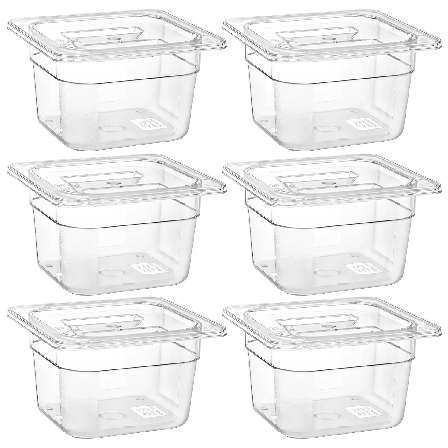 6 Pack 1/6 Size Clear Polycarbonate  Pans with Lids for Kitchen Restaurant  Prep, 4 Inches Deep