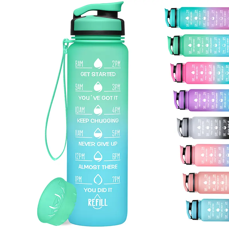 Motivational Sports Jug, 32oz BPA-Free Polypropylene Container with Time Markers and Fruit Strainer, Leak-Proof Design with Handy Carrying Strap for Workouts, Gym & Outdoor Use