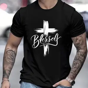 Blessed Print T-shirt, Men's T-shirt, Summer Casual Short Sleeved T-shirt boohooman  outfits true  classic  tees graphic  tees jujutsu kaisen