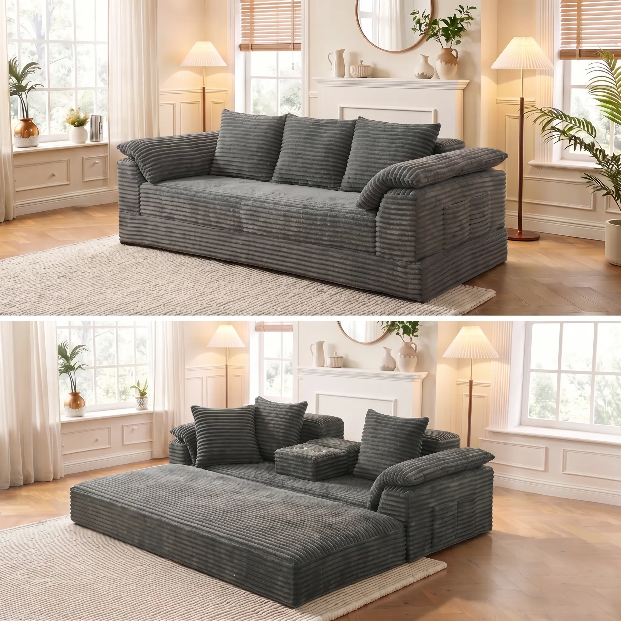 78.7" 4 in 1 Foldable Floor Sofa Bed  Couch in A Box with 2 Cup Holders, Convertible 3 Seater Boneless Couch Folding Recliner Sleeper Chair for Living Room, No Assembly Required