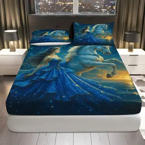 3Pcs Fantasy  Unicorn Fitted Sheet Three Piece Set (1*Fitted Sheet+2*Pillowcases, Coreless), Christmas theme, Magical Dreams Bedding Set, Mattress protector Soft, Breathable