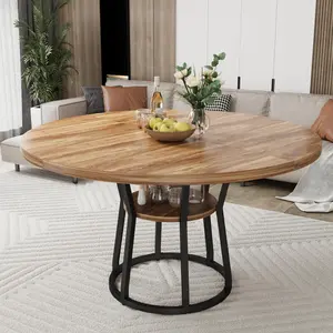 Farmhouse Style 47" Round Dining Table for 4-6 - Wood Table with Storage Shelf - Space-Saving Modern Circle Design - Sturdy Metal Legs - Perfect for Dining Room, Apartment, Office