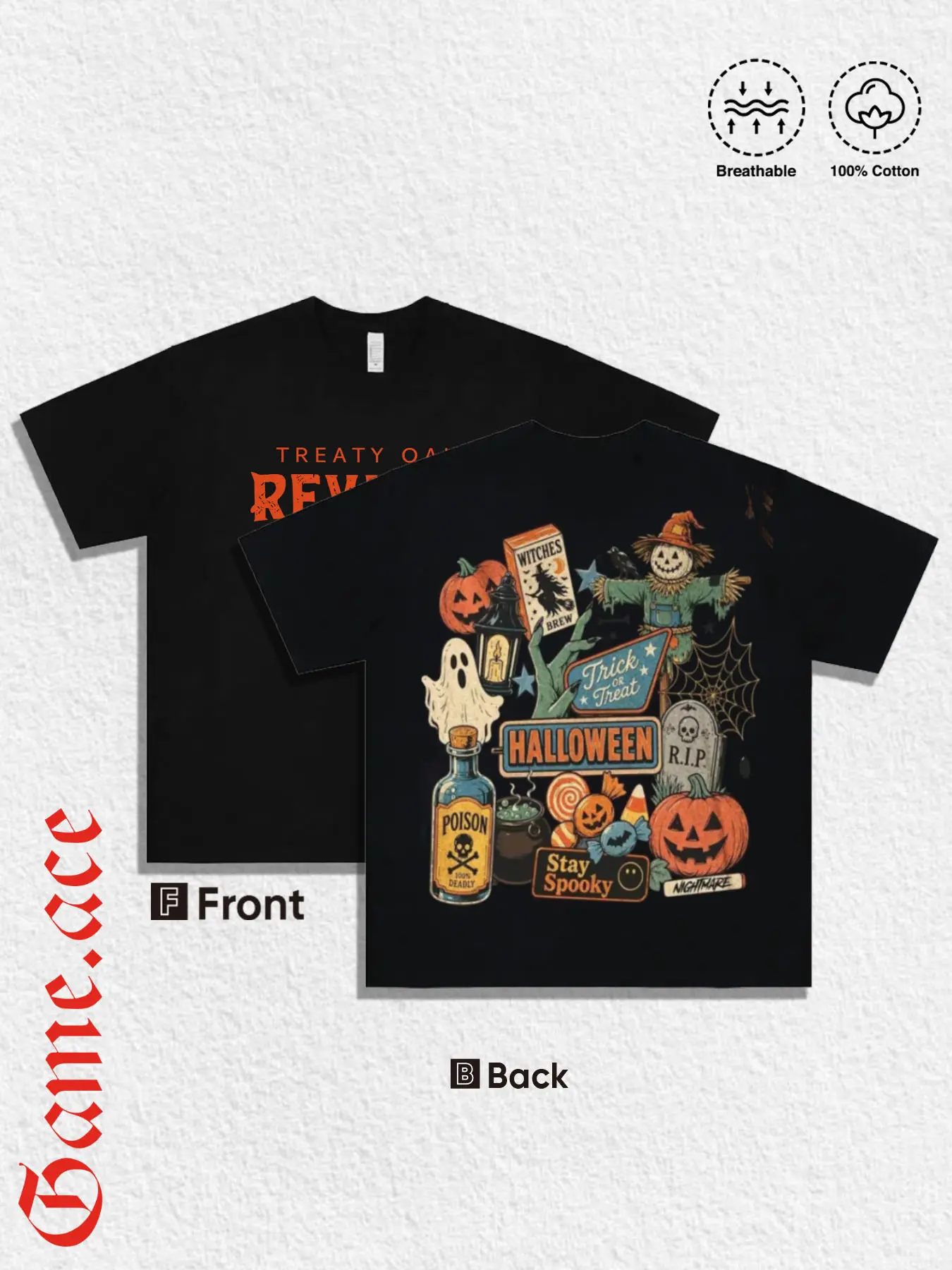 1 PCS 100% Cotton Crew Neck Loose Fit T-shirt, Front Retro Letter Print & Back Vintage Halloween Pumpkin Ghost Scarecrow Witch Potion Graphic Casual Autumn Holiday Short Sleeve Top