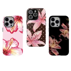 [No magnetic]  Tropical Hibiscus & Lily Phone Case,Pink Floral Aesthetic Dual-Layer design durable phone Cover,for iPhone 17 16 15 14 13 12 11 8 7 for Samsung For Galaxy Series,Protective Shockproof Cover,perfect gift for her