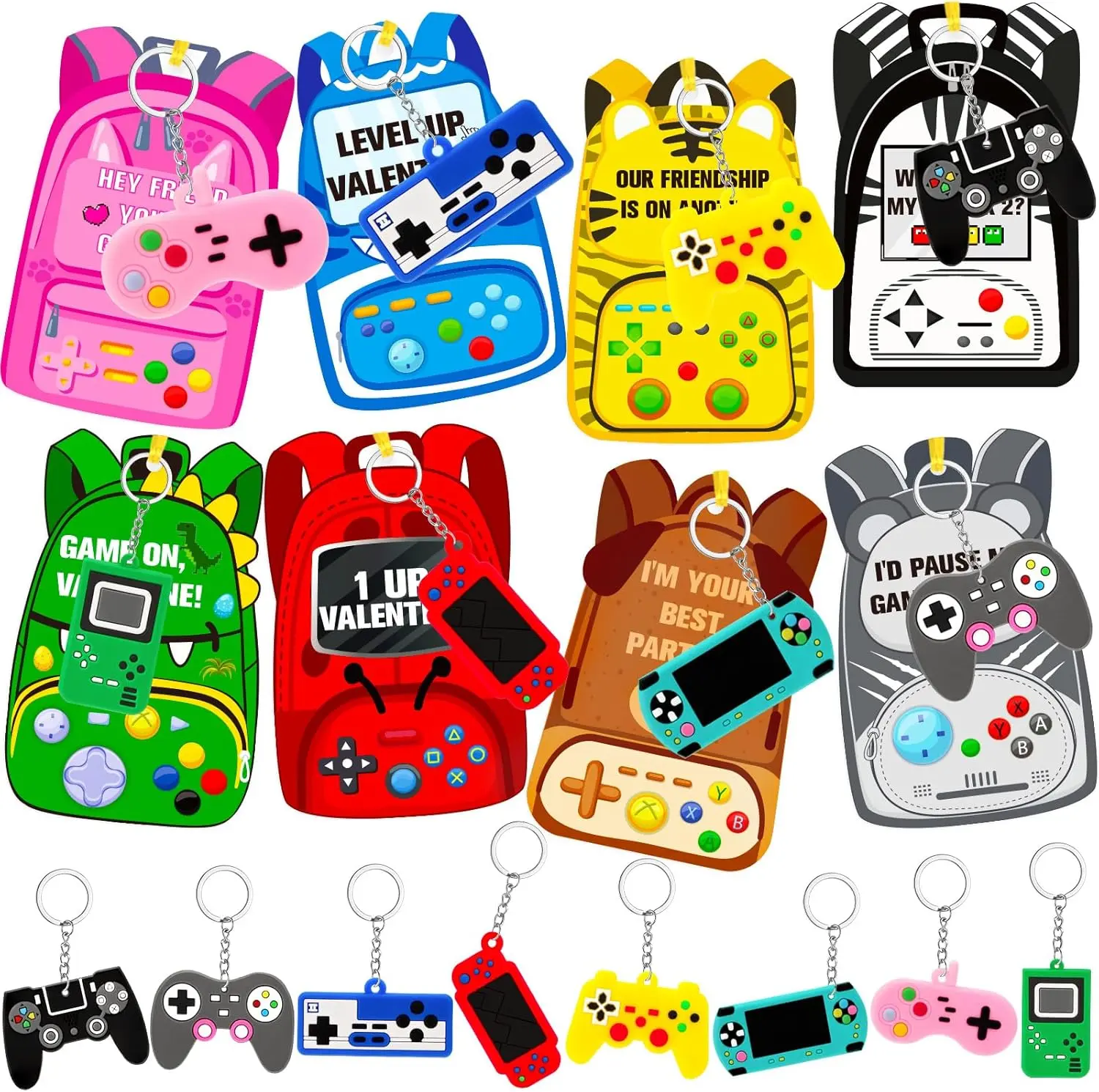 24 Pack Valentine’s Day Cards with Video Game Keychains for Kids – Classroom Exchange Gifts, School Valentine Party Favors, Goodie Bag Stuffers, Boys & Girls Toys