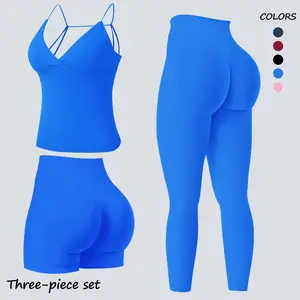 Jetjoy Gym Workout Sets for Women 3 Piece,Seamless Longline Halter Backless Crop Top +Hidden Scrunch Bum Shorts +Mid Waist Leggings Sets Gym Yoga WorkOut Clothes, Matching 3 Piece Sets athleisure Gym Outfits Workout Tracksuits summeroutfit