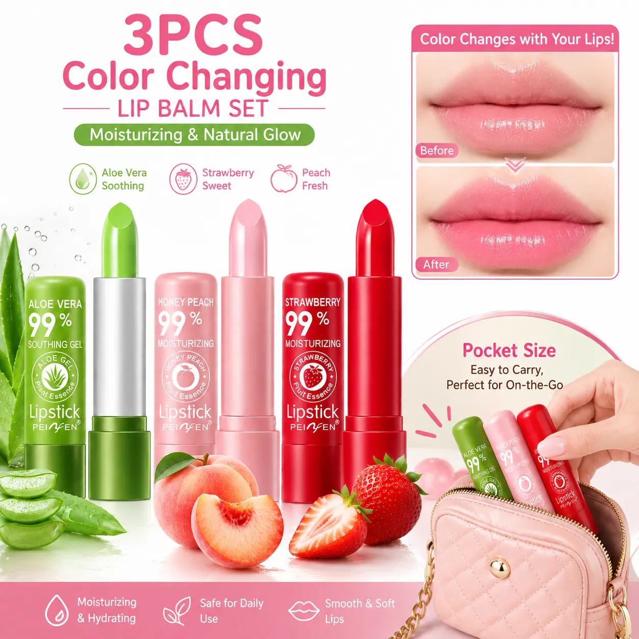 3PCS Magic Color Changing Lip Balm, pH Reactive Lip Tint, Moisturizing & Hydrating Lip Care for Women, Aloe Vera, Strawberry & Peach