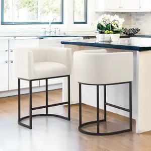 27" H Counter Height Bar Stools Set of 2, Modern Barrel Counter Stools with Backrest and Arms, Black Metal Frames, Linen Fabric Upholstered Accent Barstools for Kitchen Island